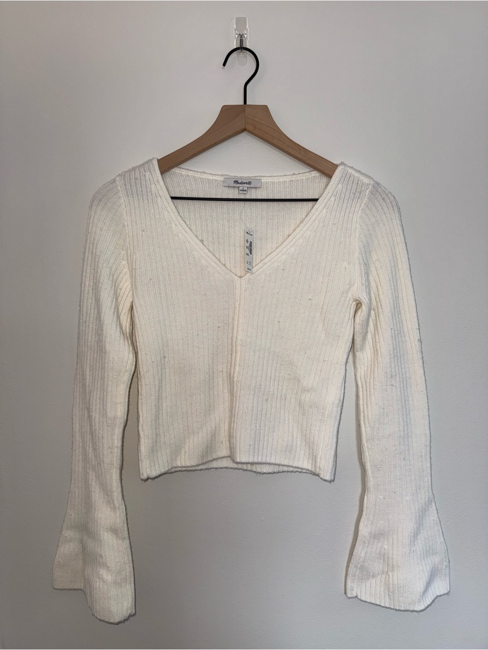 Madewell Off-White Ribbed V-Neck Cropped Sweater NWT